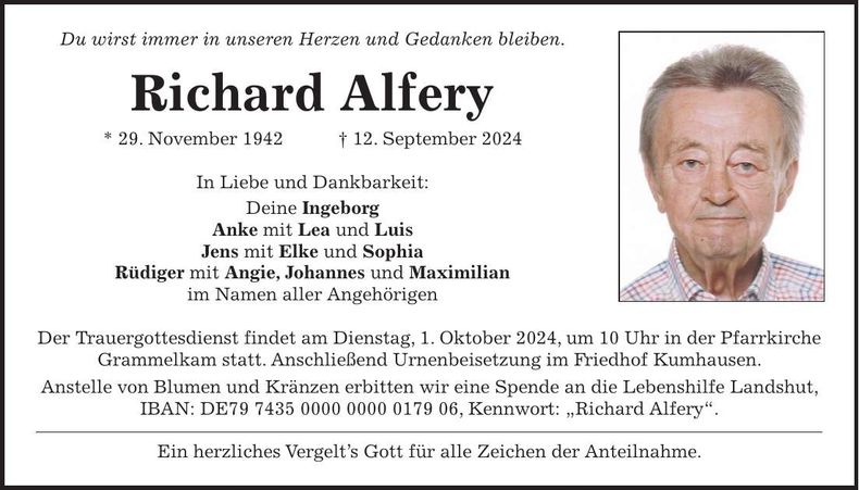 Traueranzeige Richard Alfery