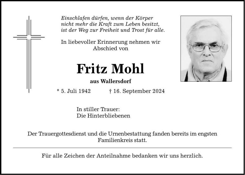 Traueranzeige Fritz Mohl