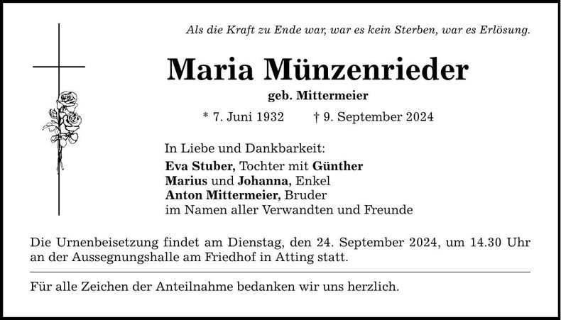 Traueranzeige Maria Münzenrieder