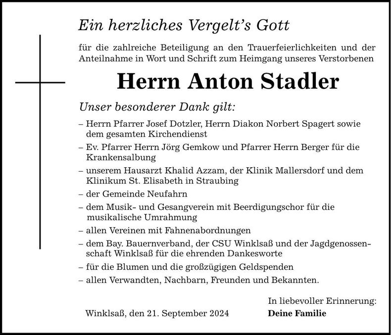 Traueranzeige Anton Stadler