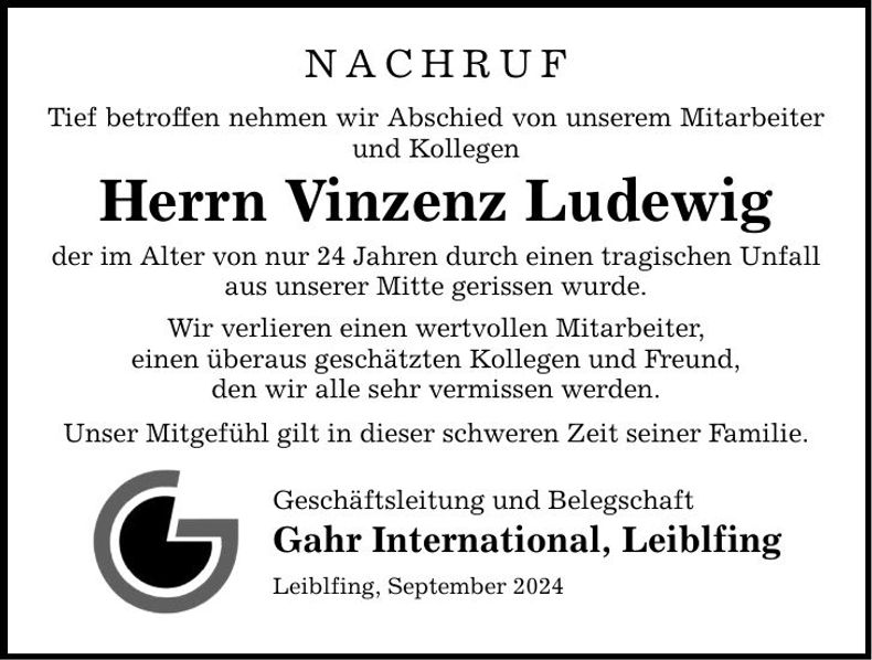 Traueranzeige Vinzenz Ludewig