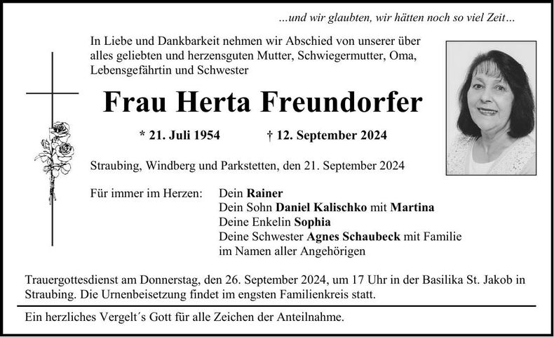 Traueranzeige Herta Freundorfer