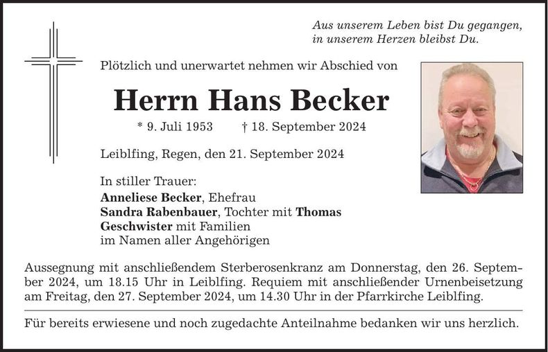 Traueranzeige Hans Becker