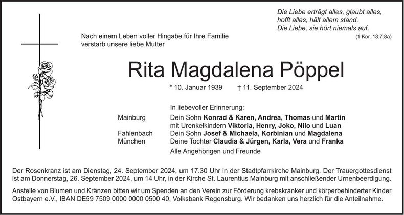 Traueranzeige Rita Magdalena Pöppel