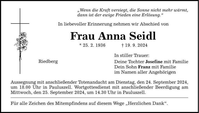 Traueranzeige Anna Seidl