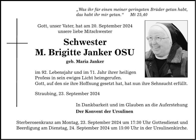 Traueranzeige Schwester M. Brigitte OSU Janker