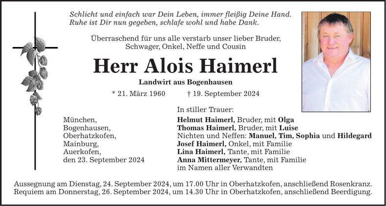 Traueranzeige Alois Haimerl
