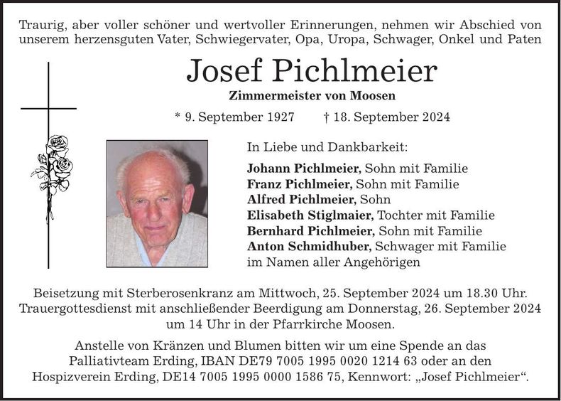 Traueranzeige Josef Pichlmeier