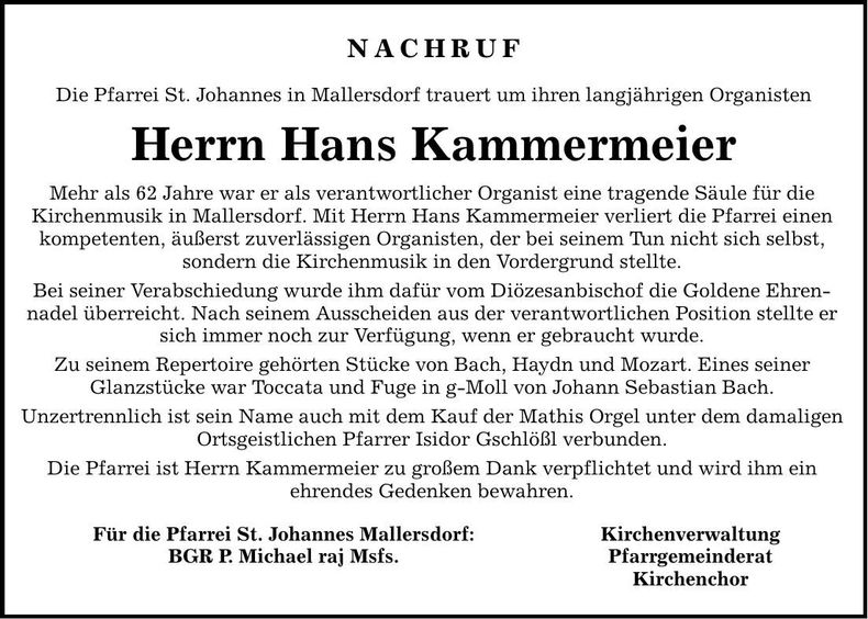 Traueranzeige Hans Kammermeier