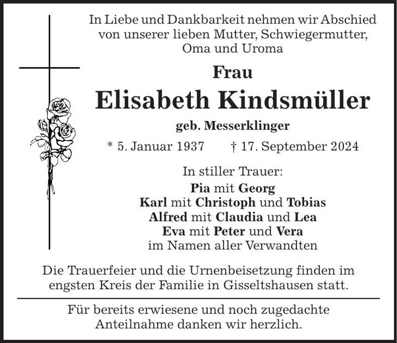 Traueranzeige Elisabeth Kindsmüller