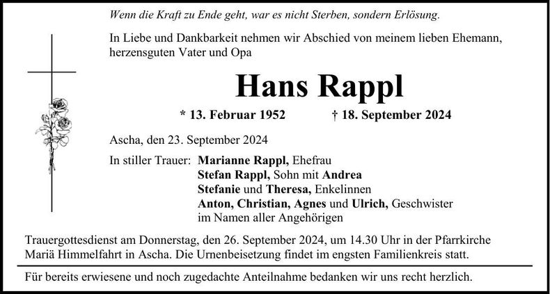 Traueranzeige Hans Rappl
