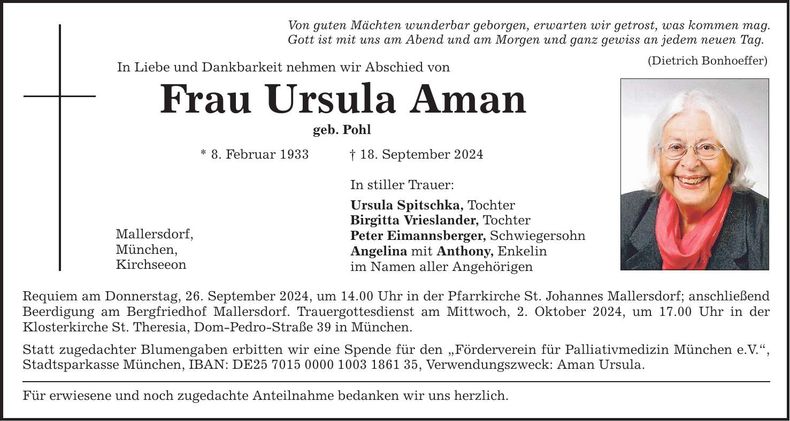 Traueranzeige Ursula Aman