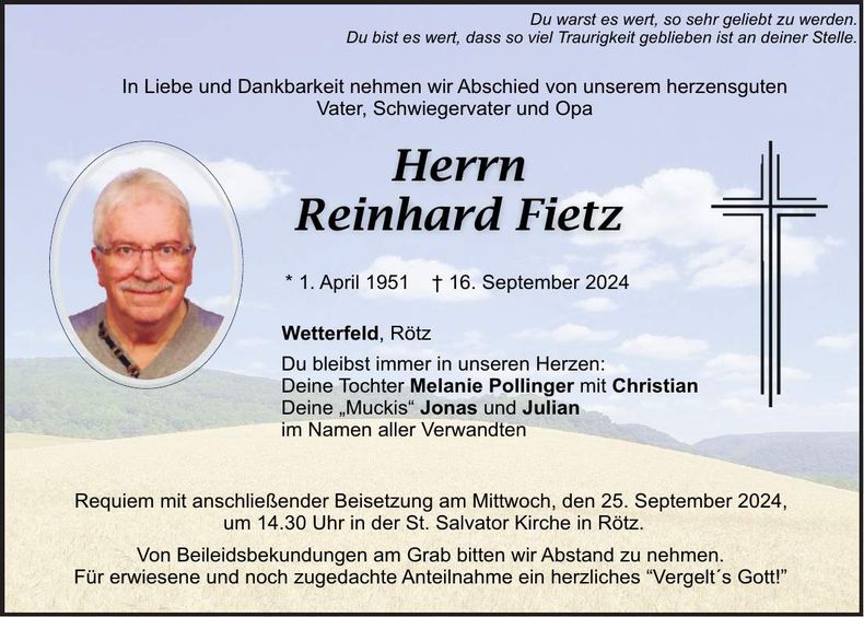 Traueranzeige Reinhard Fietz