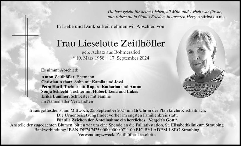 Traueranzeige Lieselotte Zeitlhöfler Lieselotte Zeitlhöfler