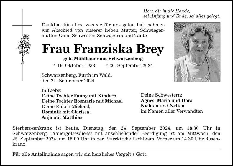 Traueranzeige Franziska Brey