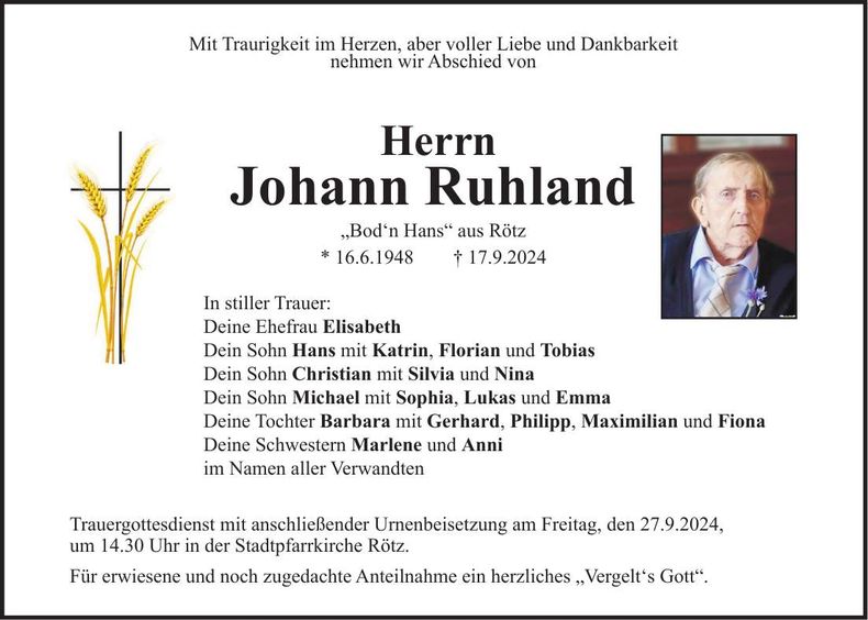 Traueranzeige Johann Ruhland