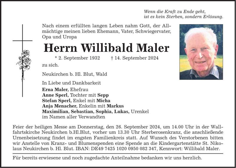 Traueranzeige Willibald Maler