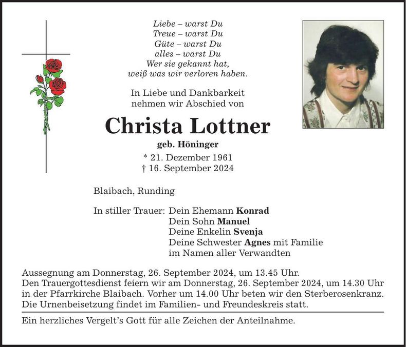 Traueranzeige Christa Lottner