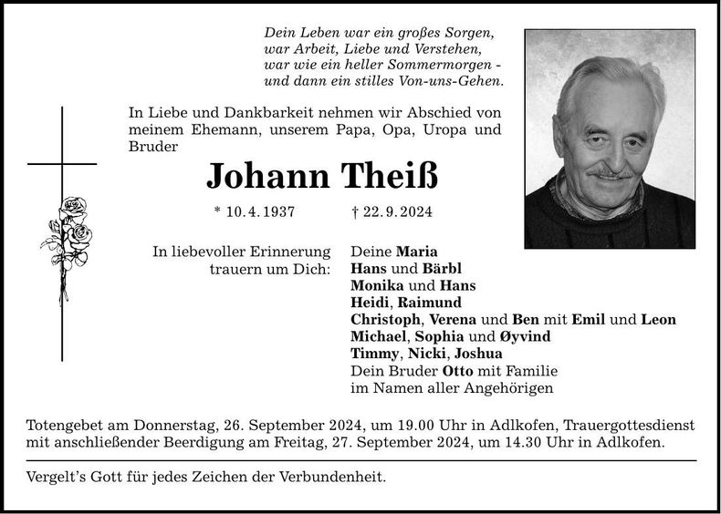 Traueranzeige Johann Theiß