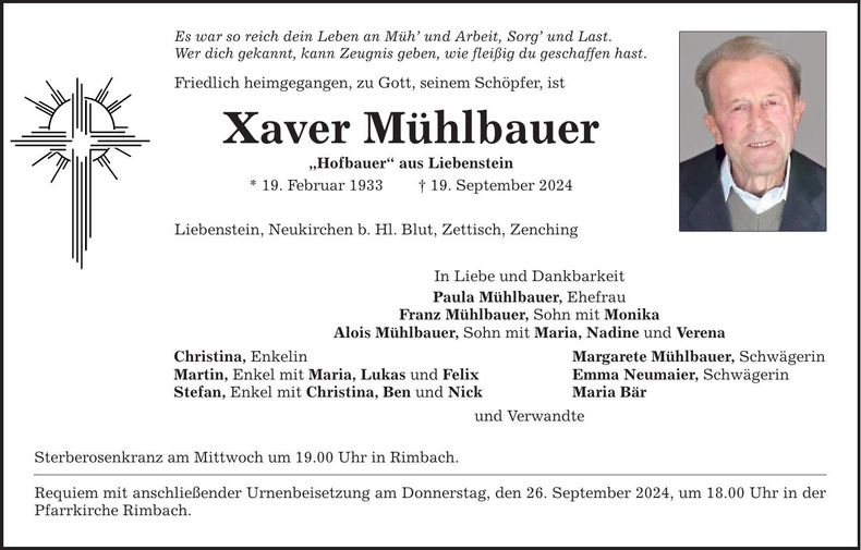 Traueranzeige Xaver Mühlbauer
