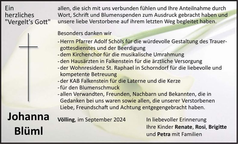 Traueranzeige Johanna Blüml