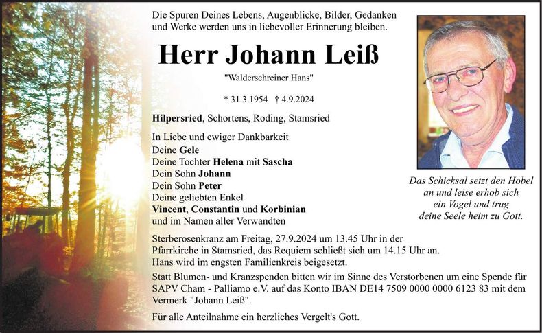 Traueranzeige Johann Leiß