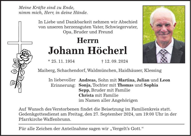 Traueranzeige Johann Höcherl