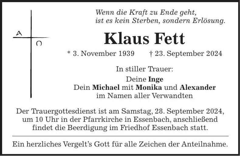 Traueranzeige Klaus Fett