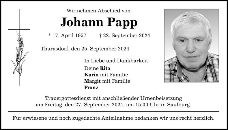 Traueranzeige Johann Papp