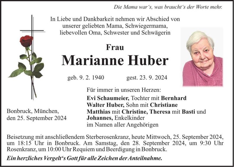 Traueranzeige Marianne Huber