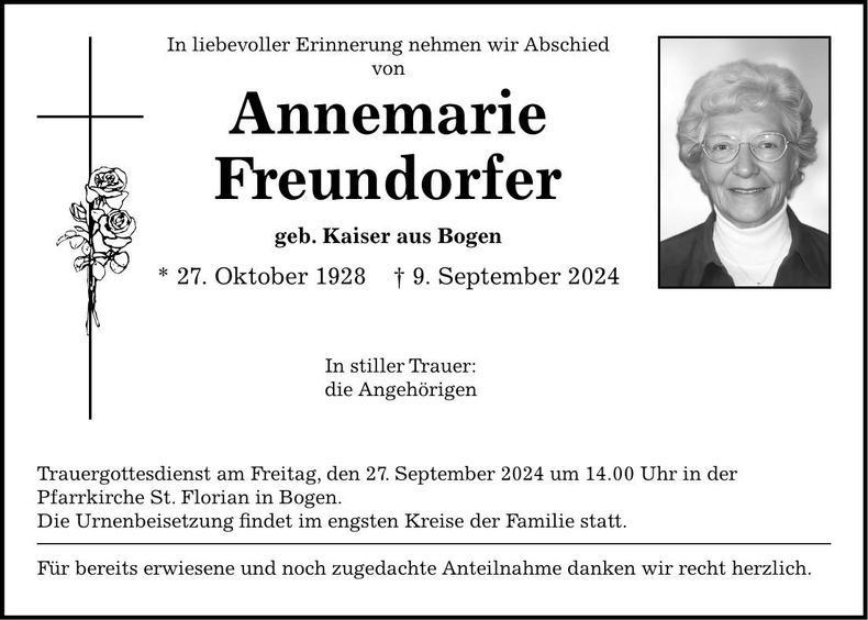 Traueranzeige Annemarie Freundorfer