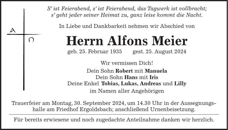 Traueranzeige Alfons Meier