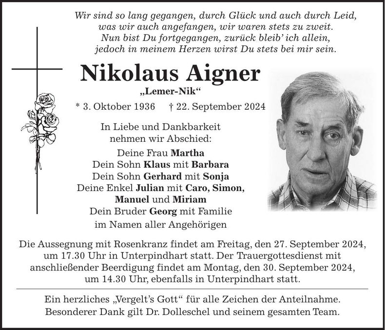 Traueranzeige Nikolaus Aigner