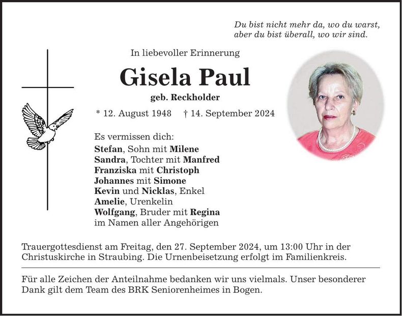 Traueranzeige Gisela Paul