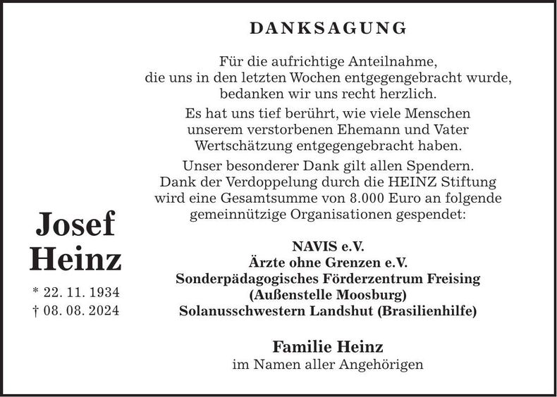 Traueranzeige Josef Heinz