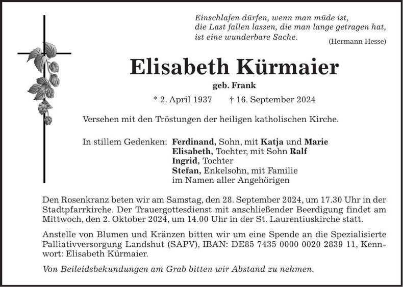 Traueranzeige Elisabeth Kürmaier