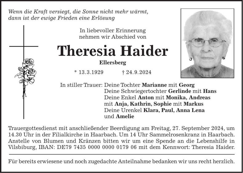 Traueranzeige Theresia Haider
