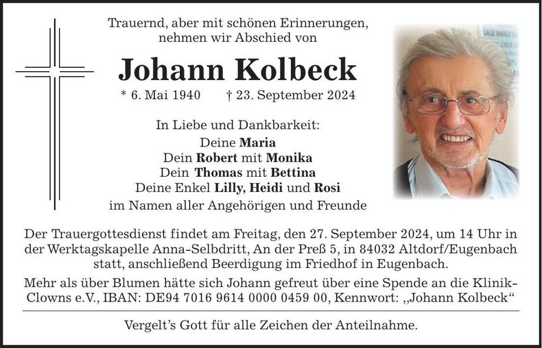 Traueranzeige Johann Kolbeck