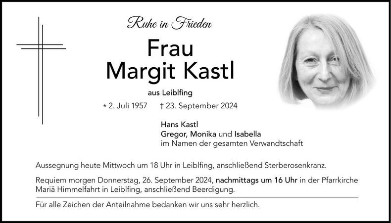 Traueranzeige Margit Kastl