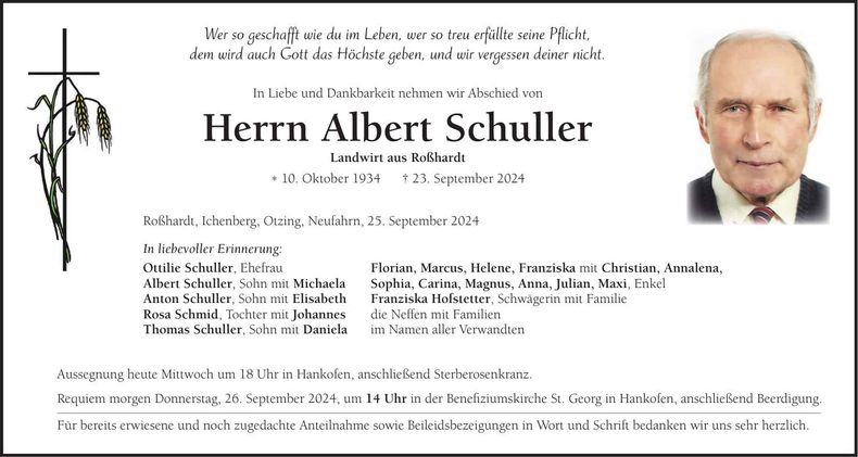 Traueranzeige Albert Schuller