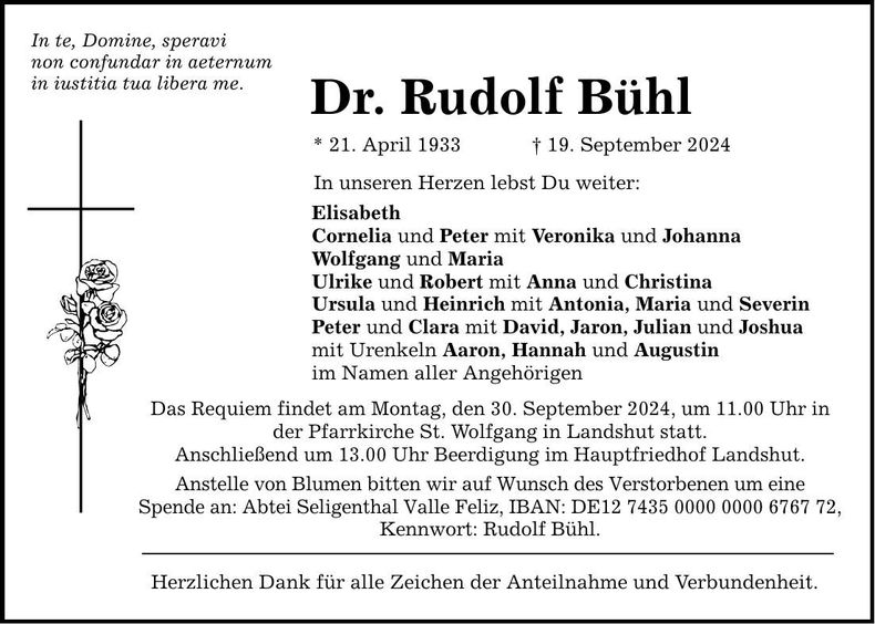 Traueranzeige Rudolf Dr. Bühl
