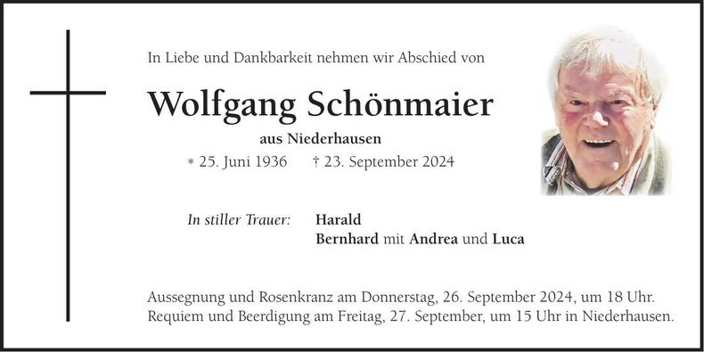 Traueranzeige Wolfgang Schönmaier
