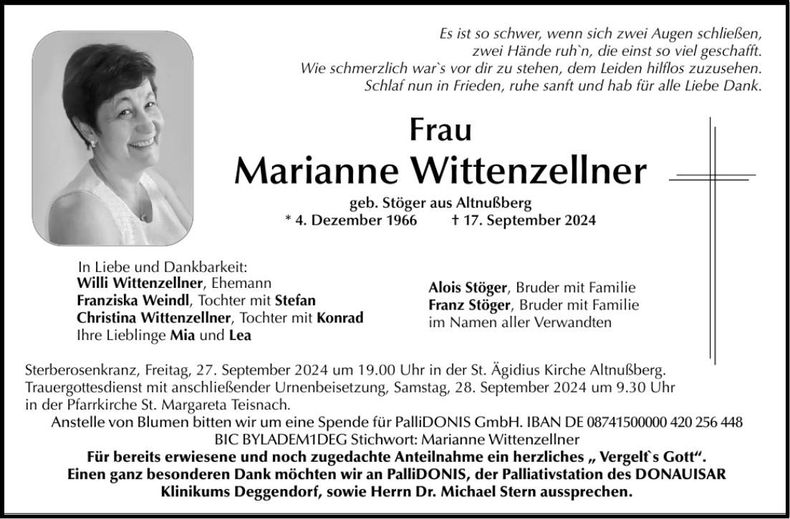 Traueranzeige Marianne Wittenzellner