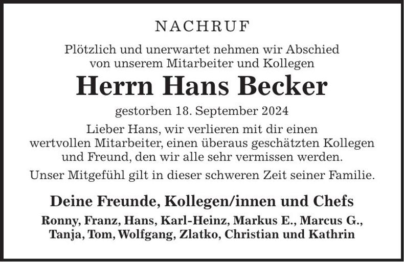 Traueranzeige Hans Becker