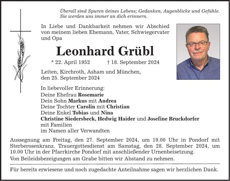 Traueranzeige Leonhard Grübl