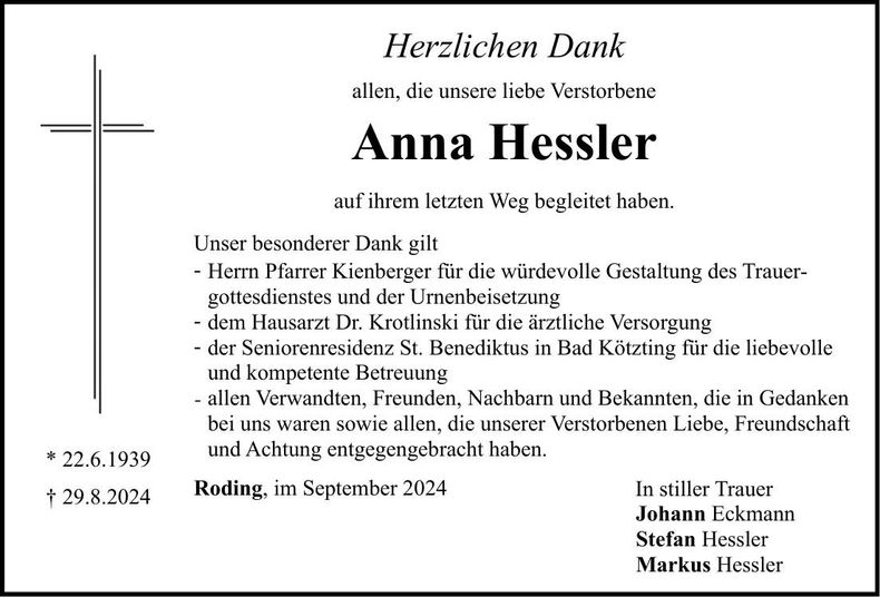Traueranzeige Anna Hessler