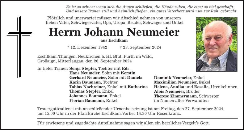 Traueranzeige Johann Neumeier