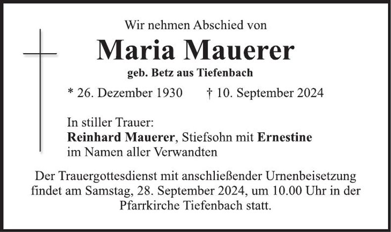 Traueranzeige Maria Mauerer