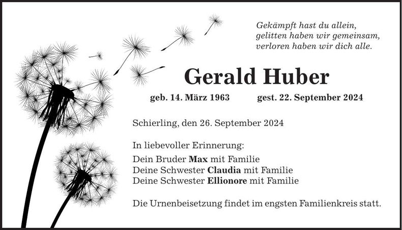 Traueranzeige Huber Huber