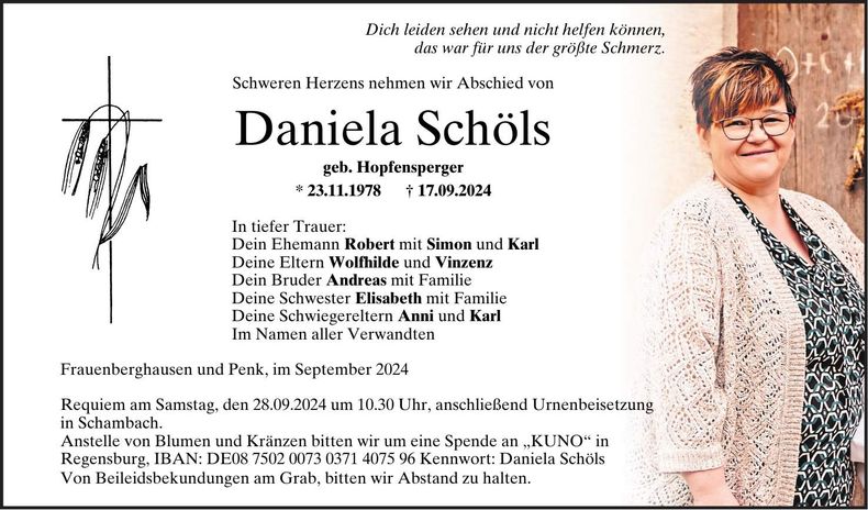 Traueranzeige Daniela Schöls